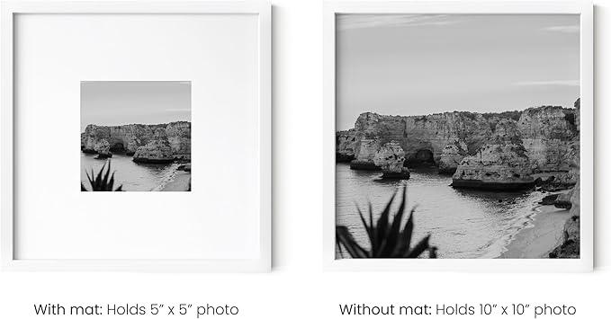 HAUS AND HUES 10x10 White Metal Picture Frame Matted to 5x5 - Features Vertical & Horizontal Hanging, Shatterproof Plexiglass - Ideal for Home, Room, Office (10x10 in, White, Set of 1)