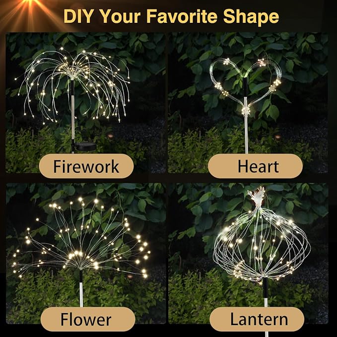 Firework Solar Garden Lights 4 Pack, 120 LED Solar Firework Lights with 8 Lighting Modes, Waterproof Sparkler Starburst Solar Lights Outdoor for Yard Porch Patio Backyard, Warm
