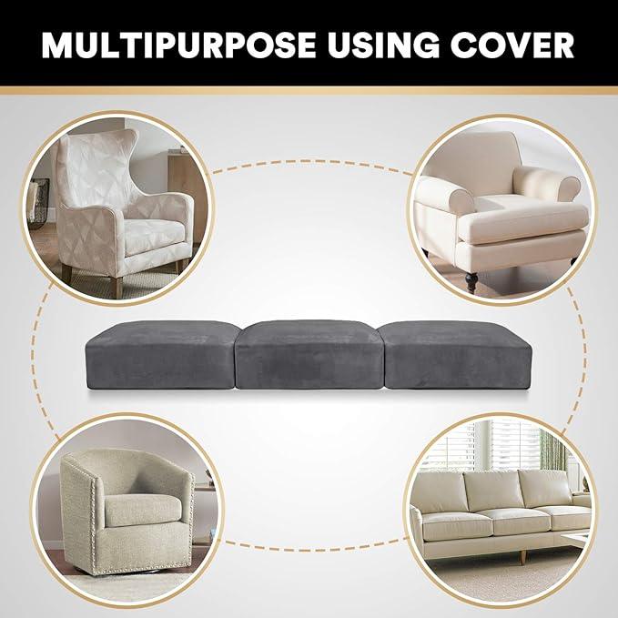 PrinceDeco Stretch Sofa Cushion Covers for Couches and Sofas,Soft Velvet Couch Seat Covers, Sofa Covers Washable, Seat Cushion Cover for 3 Couch Sofa Pet Friendly - Grey, Each Width Up to 29.5