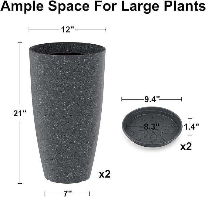 GameXcel Tall Flower Pot Indoor - Outdoor Plant Pot - Black Glossy Planter - Elegant Stone Imitation - 12