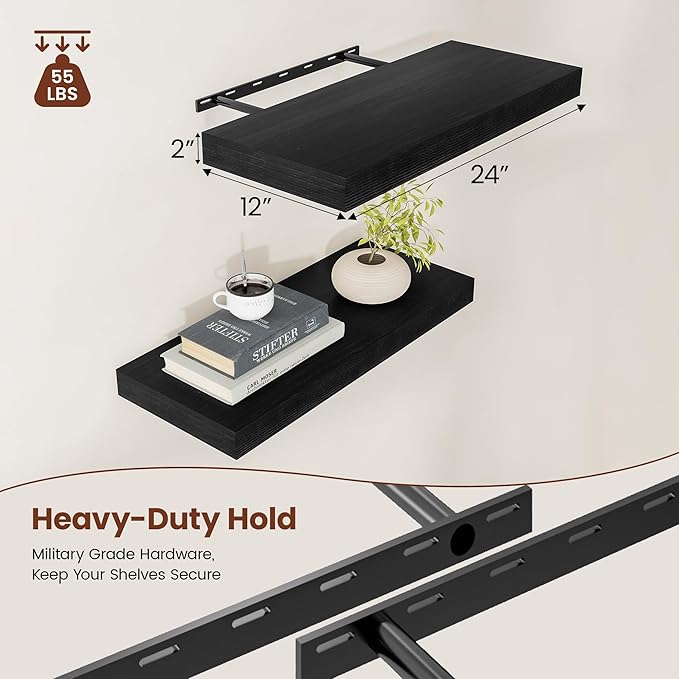 Black Floating Shelves for Wall 24 Inches Long, 12