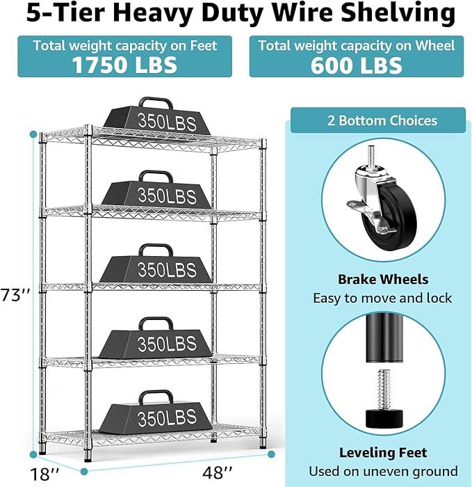 5-Shelf Storage Shelves,Wire Shelving Heavy Duty Metal Storage Shelving Unit Adjustable Garage Shelving Rack Pantry Kitchen (Chrome, 5 Tier,17.7