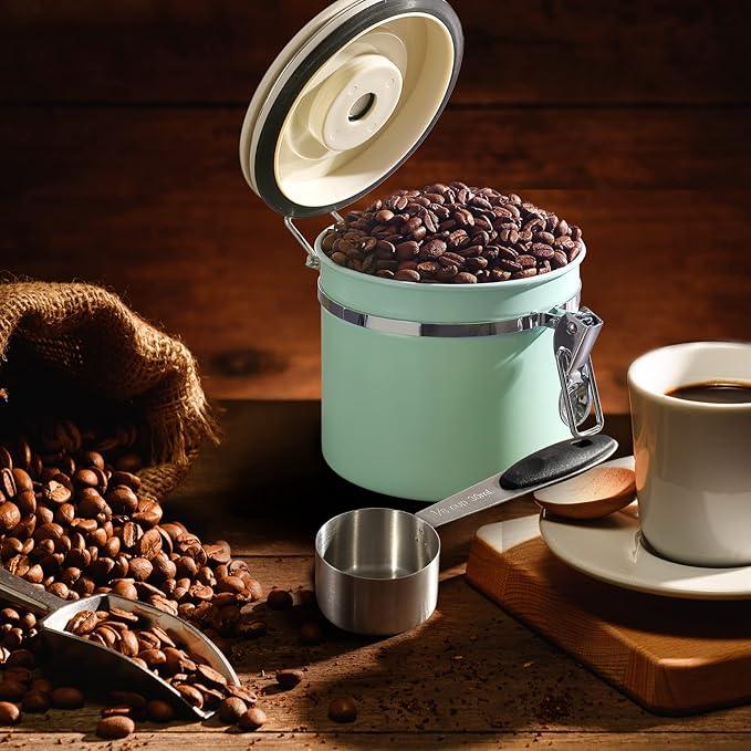 ShanSon Coffee Canister Airtight Coffee Container Stainless Steel Coffee Bean Storage Container with CO2 Release Valve and Scoop Coffee Canister for Beans,Grounds,Sugar,Flour,Tea,Cereal,11OZ,Green