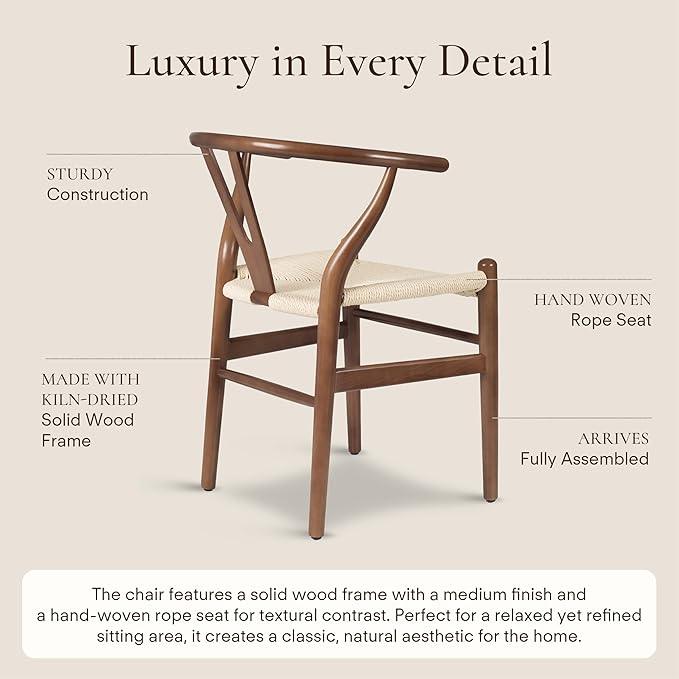 POLY & BARK Weave Dining Chair – Mid-Century Modern Wishbone Dining Chair with Arms, Solid Wood Frame, Indoor Use – Walnut – Single - Ideal for Dining Room, Kitchen or Stylish Accent Setting