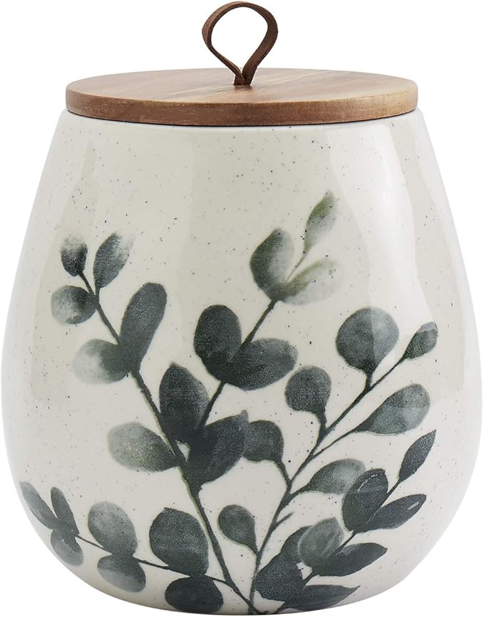 TTU Tabletops Gallery Ceramic Canister Collection- Stoneware Designed Kitchen Storage Acacia Wood White Set, 3 Piece Green Leaf Canister Set