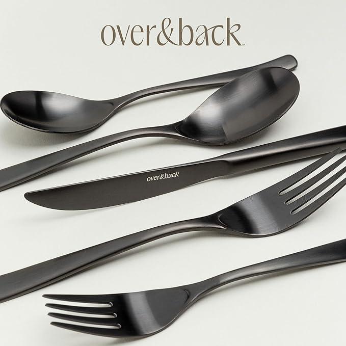 over&back 20pc Curved Flatware Cutlery Set - Comes with 4 Dinner Forks, 4 Salad Forks, 4 Dinner Knives, 4 Dinner Spoons, and 4 Teaspoons - 18/8 Stainless Steel - Dishwasher-Safe - Matte Black