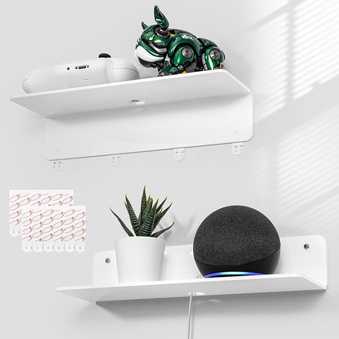 OAPRIRE White Acrylic Floating Shelves Set of 2 - Damage Free Expand Wall Space - 12 Inch Wall Shelves with Strong Adhesive for Bathroom, Bedroom, etc