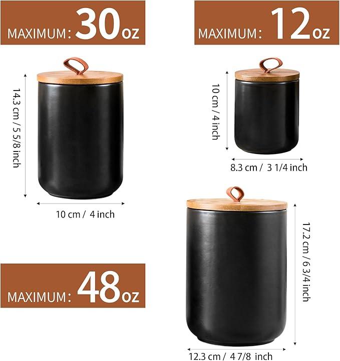 Black Ceramic Canister Set, 3pcs Ceramic Kitchen Canisters for Countertop with Airtight Wood Lids, Large Flour and Sugar Containers for Coffee, Tea, Spice