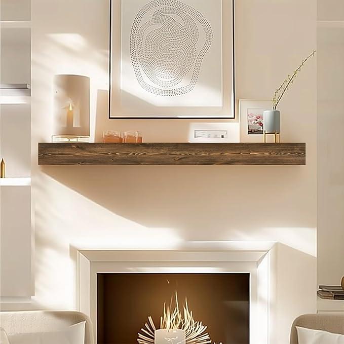 48x8x3 Fireplace Mantel - Handcrafted Hollow Rustic Solid Wood Wall Mounted Floating Shelf with Invisible Heavy Duty Wood Bracket (Weathered Brown)