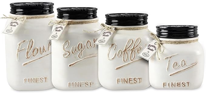 Young's 4 Piece Ceramic Canisters Sets for Kitchen, Country Style Ceramic Containers for Flour, Sugar, Tea and Coffee, Storage Containers with Lids 10.75