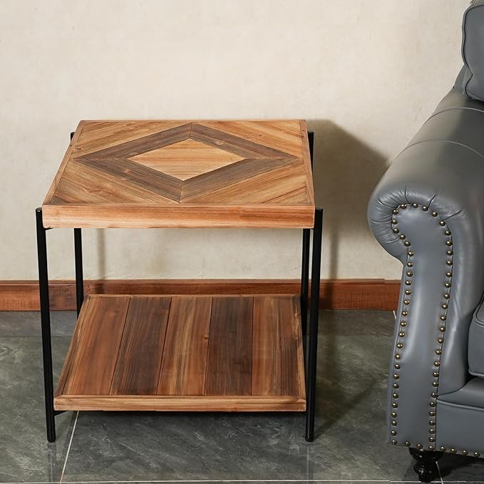 CONSDAN StoneCreek Solid Fir Wood Side Table - Metal Frame, 2-Tier End Table for Living Room/Bedroom/Office, 23