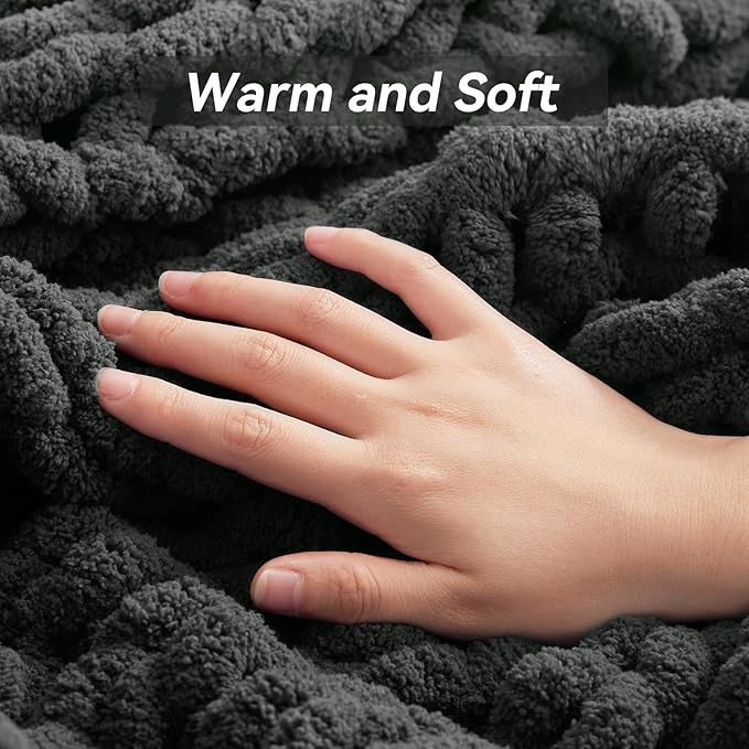 Chunky Knit Throw Blanket, 40''*50'' Knitted Throw Chenille Yarn for Bed Couch, Handmade Dark Grey Crochet Big Thick Blanket, Machine Washable Cute Comfy Blanket for Home Decor
