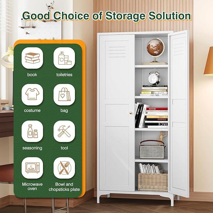 Letaya White Storage Cabinet with Feets-Metal Home Kitchen Pantry Cabinets with Doors and Adjustable Shelves,Organization Locker for Cupboard/Bedroom/Dining/Living/Bathroom/Office/Garage Room (White)