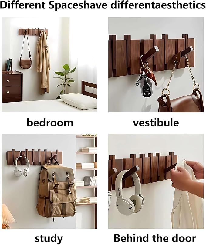 Wall Mounted Piano Key Hanger | Flip Style Hook | Entrance Wall Art Hook, Made of Oak Wood (3 Times Painted, 4 Times Polished) (Walnut-Beech, 10Hooks)