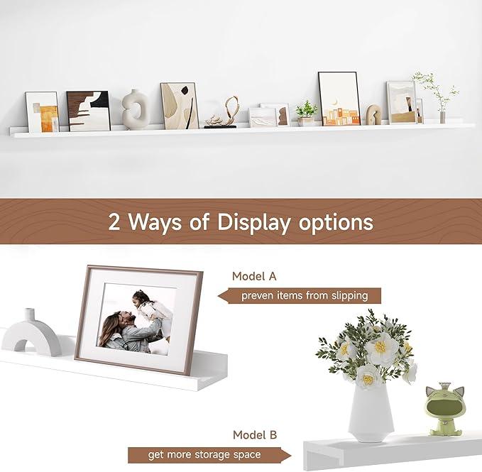 Floating Picture Ledge Shelves for Wall Set of 2, 95 Inches Picture Ledge Shelf with Long Large Nursery Book Shelf for Toys Storage Kids Bookshelf Wall Mounted Living Room Bedroom Decor Frames, White