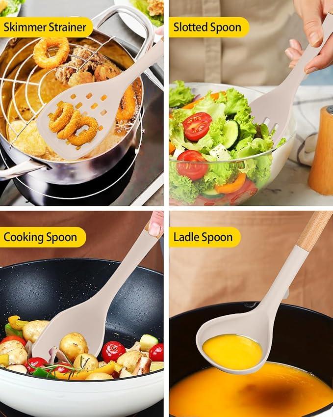 Silicone Kitchen Utensil Set for Non Stick Cookware, 7 Pcs Heat Resistant Cooking Utensils with Wooden Handle, BPA Free Kitchen Tools with Spatulas, Spoons, Skimmer and Pasta Fork (KHAKI)