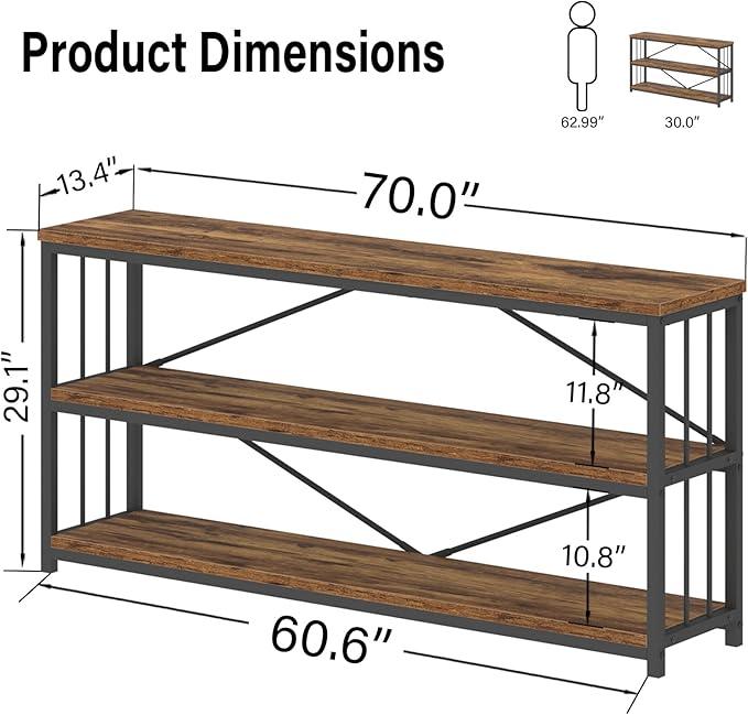 LVB Rustic Entryway Table, Industrial Extra Long Hallway Sofa Table, Wood Metal Narrow Console Table with Storage Shelf, Modern Skinny Couch Table for Foyer Living Room Bedroom, Rustic Brown, 70 Inch