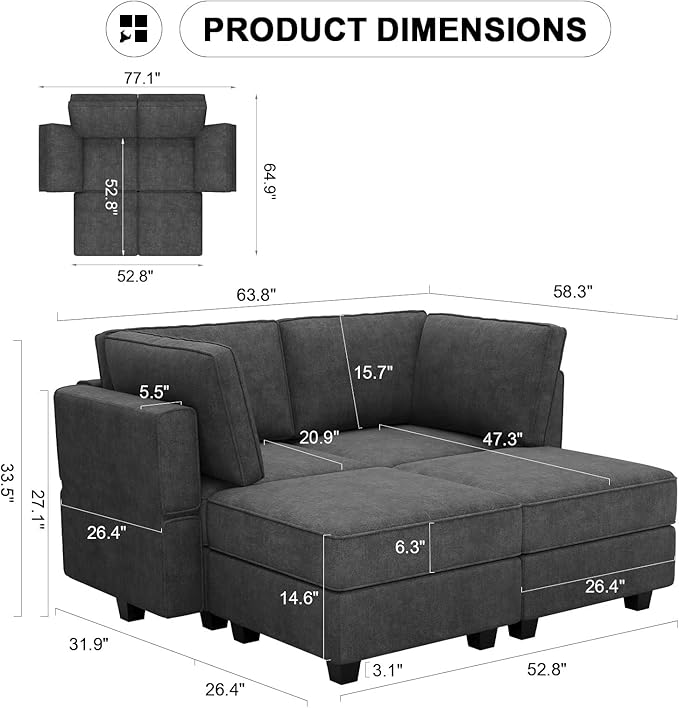 Bellfin Modular Sectional Sleeper Sofa Convertible Sofas with Storage Ottomans Small Sectional Couches for Living Room. Black Couch
