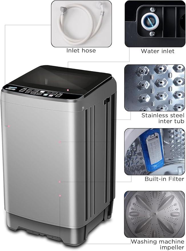 Full-Automatic Washing Machine 25 lbs Portable Washer 10 Wash Program & 8 Water Level with LED Display，Drain Pump, Ideal for Apartments, RV, Camping, Grey