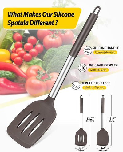 Pack of 2 Silicone Solid Turner, Non Stick Slotted Kitchen Spatulas, High Heat Resistant BPA Free Cooking Utensils, Ideal Cookware for Fish, Eggs, Pancakes(Chocolate)