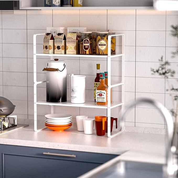 iPEGTOP Expandable Cabinet Storage Shelf Organizer Rack, Heavy Duty Cupboard Stand Spice Rack Adjustable Height Garage Pantry Shelf Space Riser for Counter Kitchen Organization, White, 3 Pack