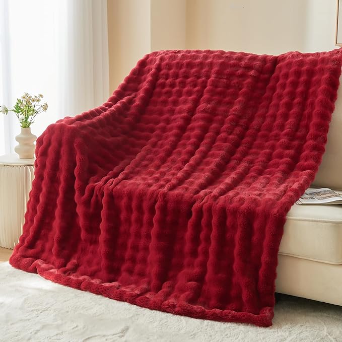 NEWCOSPLAY Faux Fur Throw Blanket Red Bubble Blanket Thick Warm Soft for Couch Sofa Bed 550GSM (Red, Throw(50