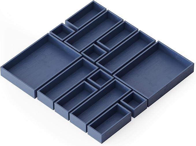 SpaceAid 14-Piece Bamboo Drawer Organizer Storage Boxes Set, Wood Tray Junk Drawer Organizers Multi-Use Divider Bins for Kitchen, Bathroom, Office Desk and Makeup Organization (14 Pack, Navy Blue)