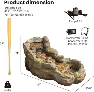 42 in Natural-Style Tier Garden Rock Water Fountain Outdoor, Floor-Standing Fountains That Feature Gentle Waterfall and LED Lights for Patio, Backyard, Deck, Porch, Home Décor