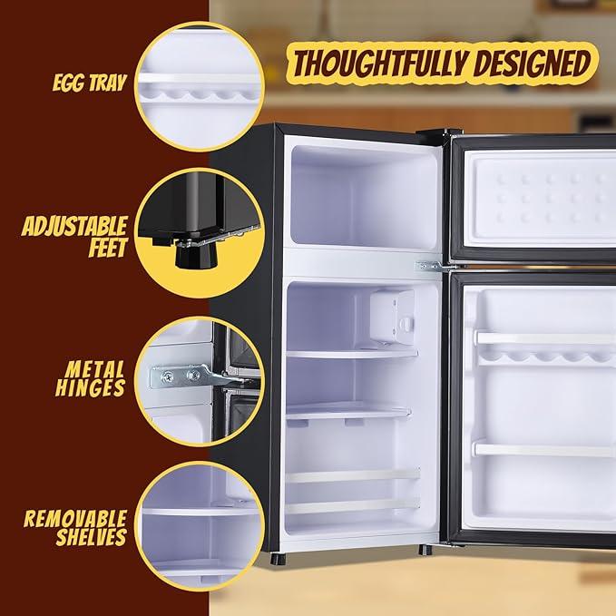 2.4 Cu.ft Mini Fridge with Freezer Compact Fridge Refrigerator Dual Door Small Fridge Senven Temp Gear Removable Shelves Dark Grey