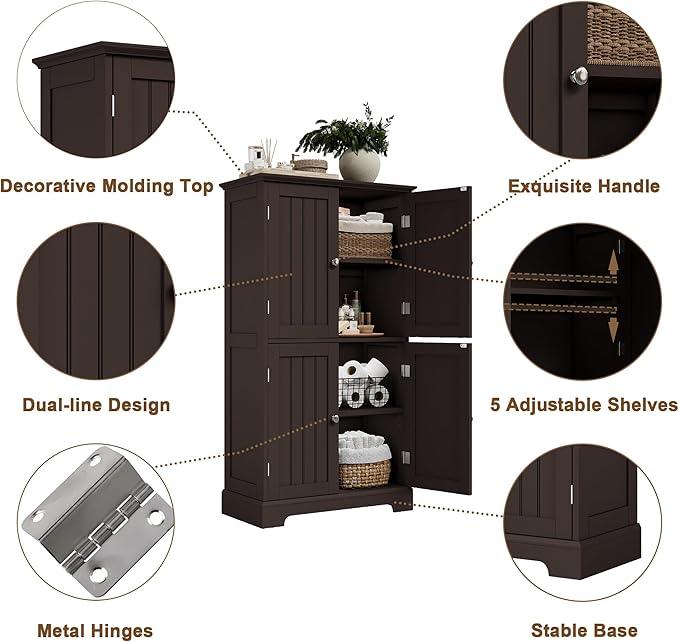 ChooChoo Bathroom Floor Cabinet, Modern Bathroom Storage Cabinet with 4 Doors and Adjustable Shelves, Freestanding Cupboard for Living Room, Espresso