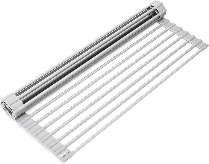 Surpahs Over Sink Foldable Multipurpose Roll-Up Dish Drying Rack, Silicone Wrapped Stainless Steel, Warm Gray, 17.5