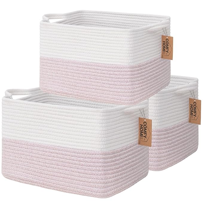 COMFY-HOMI 3PACK Cotton Rope Square baske with Handles for Shelves|Dog Toy baske Bin and Storage|Baby baske for Gift|Shoe baske for Organizing|13.5