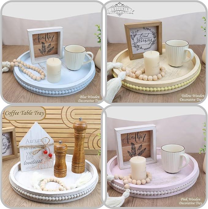 Round Wood Serving Tray with Beads, White Washed Wooden Decorative Tray for Entertaining, Decoration, and Gifting