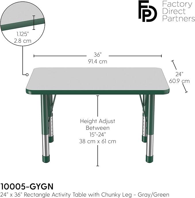 FDP Rectangle Activity School and Classroom Kids Table (24 x 36 inch), Chunky Toddler Leg, Adjustable Height 15-24 inches - Gray Top and Green Edge