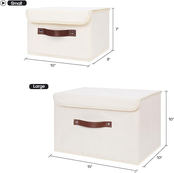 ANMINY 2PCS Storage Bins with Lid PU Leather Handles Storage Boxes PP Plastic Board Decorative Foldable Lidded Cotton Linen Fabric Home Cubes Baskets Closet Organizer Containers - Beige, Small Size