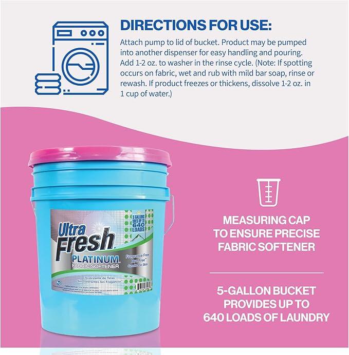 Ultra Fresh 5 Gallon Platinum Fabric Softener for All Machine Types, Liquid Laundry Softener, Up to 640 Loads, Fragrance & Dye Free
