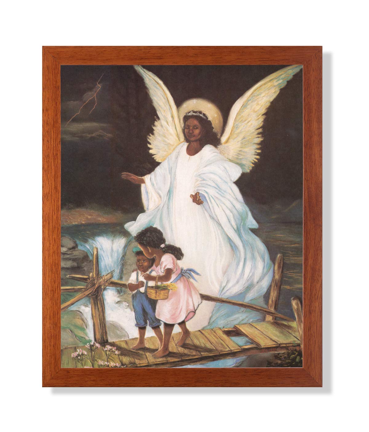 African American Religious Art | Guardian Angel Print 16x20 Honey Wood Frame