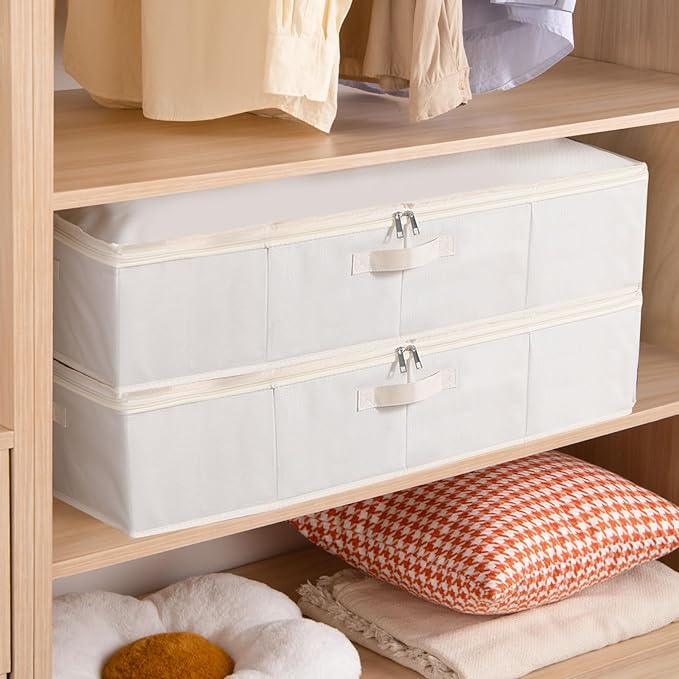 Underbed Storage Box, Clothes Organizer With Sturdy Structure and Reinforced Handles for Blanket, Sheets, Pillows, Towels, Shoes, Beige, 3 Pack, 31.5 x 15.7 x 5.9 Inch