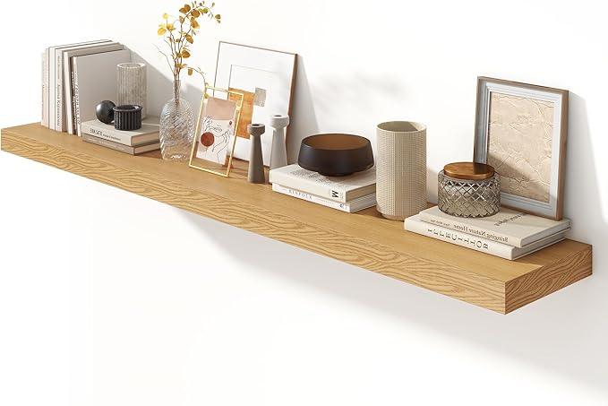 Deep Floating Shelves for Wall - 72 Inch Wide x 12 Inch Deep Wall Shelves Set of 1 - Rustic Oak Color Wood Shelves for Living Room, Bathroom, Laundry Room, Bedroom, Kitchen, Home Office