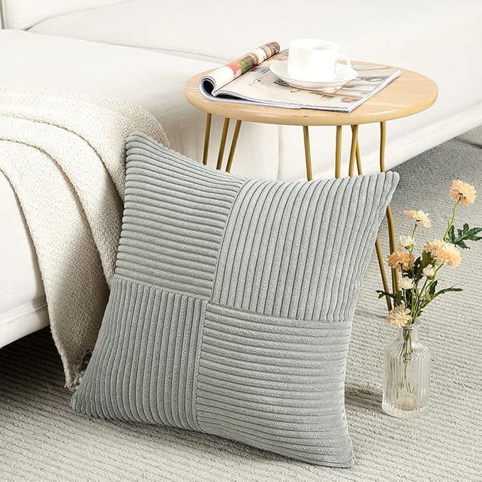 Fancy Homi 2 Packs Grey Decorative Throw Pillow Covers 16x16 Inch for Living Room Couch Bed Sofa, Rustic Farmhouse Boho Home Decor, Soft Corss Patchwork Corduroy Textured Square Cushion Case 40x40 cm