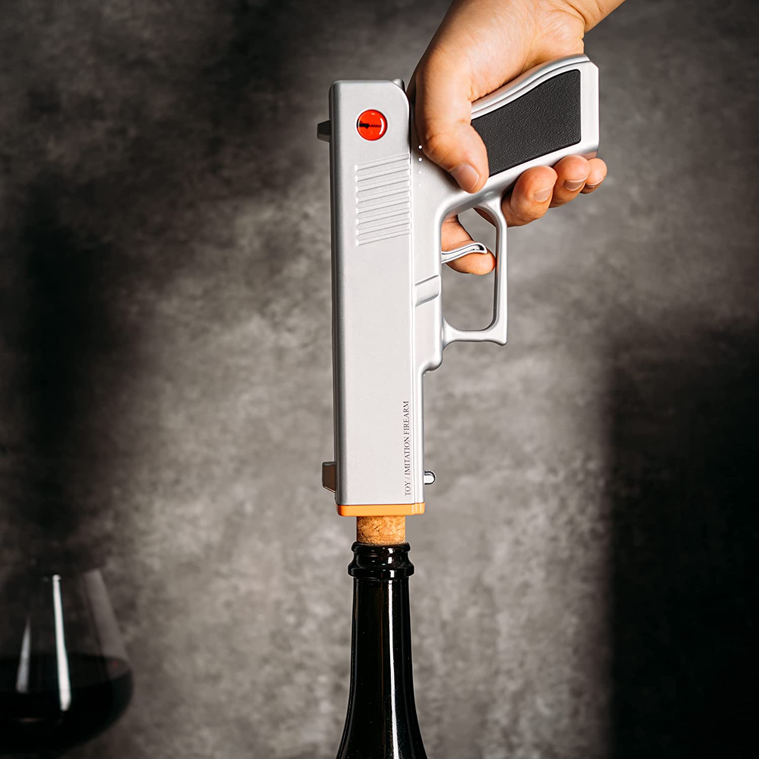Electric Gun Wine Corkscrew Bottle Opener - Rechargeable Holster Base Cordless Battery - Automatically Open Wines Multifunctional Electronic Cork Puller - Guns Enthusiasts Gift & Vino Lovers (Silver)