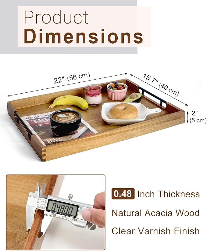 22 Inches Acacia Wood Serving Tray with Metal Handles, Large Wooden Rectangle Ottoman Tray, Decorative and Durable Design for Living Room Coffee Table Couch Kitchen
