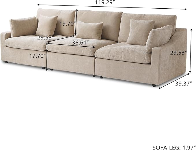 JACH Sectional Couches for Living Room, 3 Seater Cloud Sectional Couch with Deep Seat, Down Filled Modular Sofa, Covers Removeable & Washable, Sofas Furniture for Living Room, Khaki