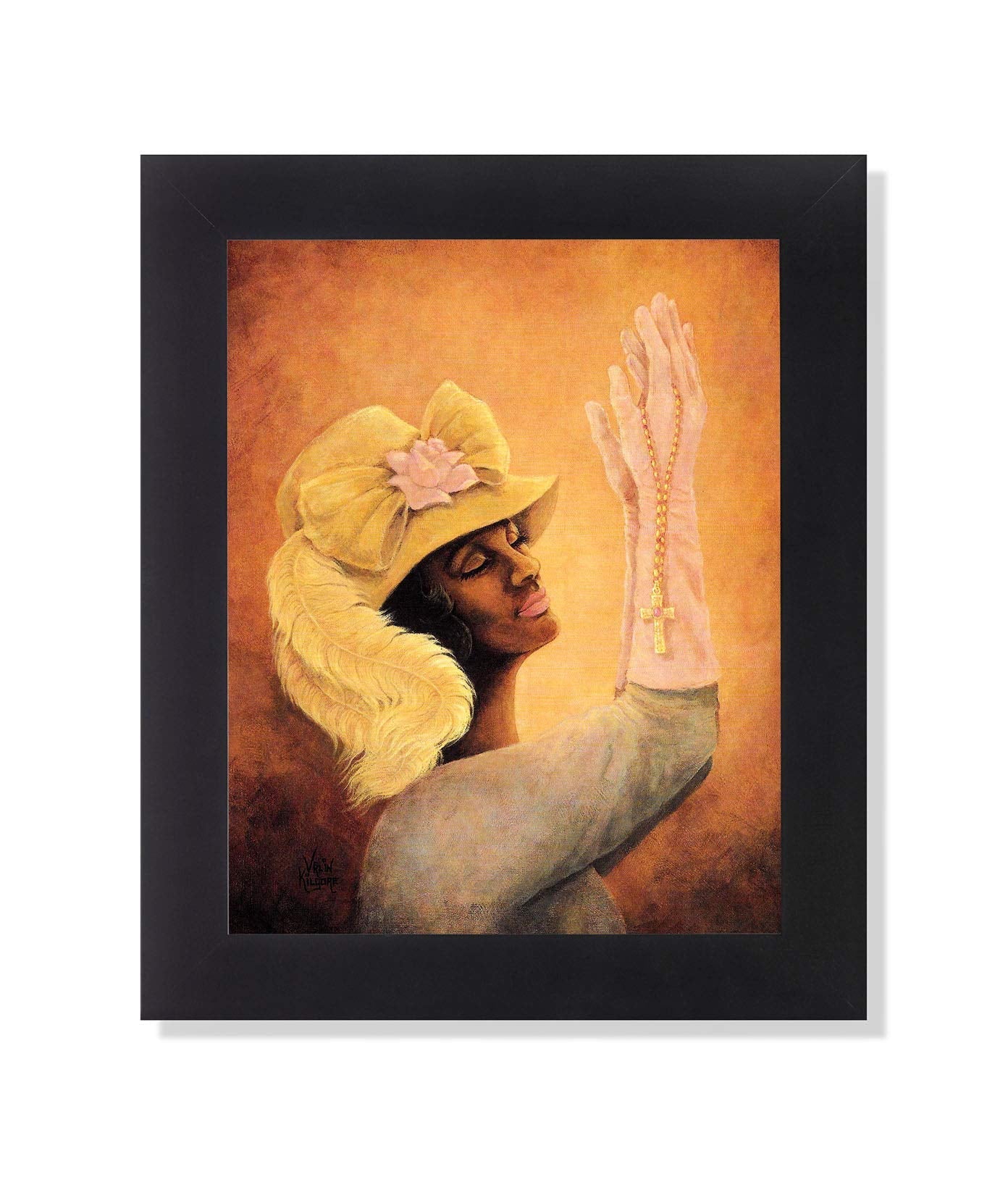 Framed Art Print - African American Woman Praying with Cross | 8x10 Black Wood Frame