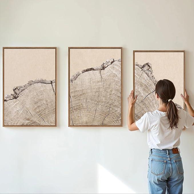 SIGNINART Large Tree Ring Framed Canvas Wall Art Set, Rustic Beige Nature Wooden Wall Decor, Neutral Wood Stump Artwork, Modern Art Prints for Bedroom Living Room Office 16