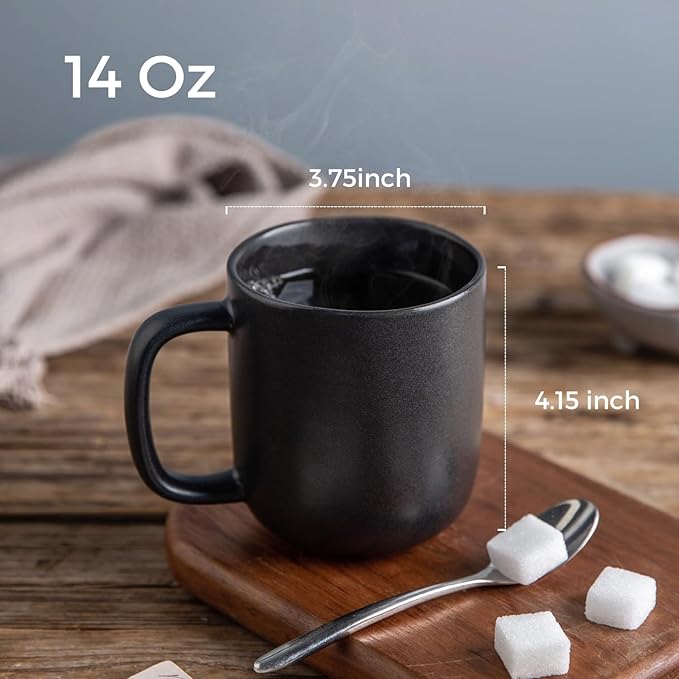 AmorArc 14oz Coffee Mugs Set of 6, Ceramic Coffee Mugs with Large Handle & Wavy Rim for Latte/Hot Cocoa/Tea, Stylish Coffee Mugs for Men Women. Oven,Dishwasher&Microwave Safe, Matte Black