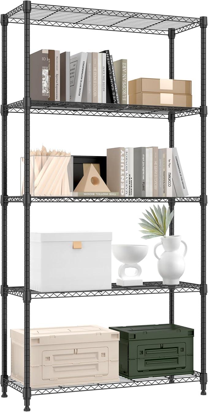 1250 lbs 5 Tier Shelf Metal Storage Shelves Shelving Wire Rack Heavy Duty Closet Organizers for Garage Kitchen Bathroom Laundry Black 13.8