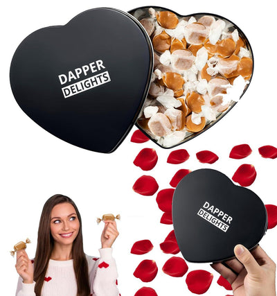 Valentines Day Gift Scotch Whiskey Caramels - Heart Tin - Him & Her, Premium Salted Caramel, Valentine Chocolate Candy Dapper Delights Gourmet Collection, Love Basket for Men, Boyfriend, Husband, Dad