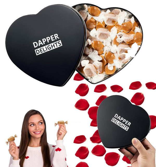Valentines Day Gift Scotch Whiskey Caramels - Heart Tin - Him & Her, Premium Salted Caramel, Valentine Chocolate Candy Dapper Delights Gourmet Collection, Love Basket for Men, Boyfriend, Husband, Dad