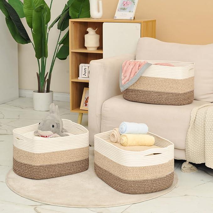Large Storage Baskets for Organizing Shelves, Woven Cotton Rope Bins for Baby Nursery Organization, Book Toy Towel Organizer, 17